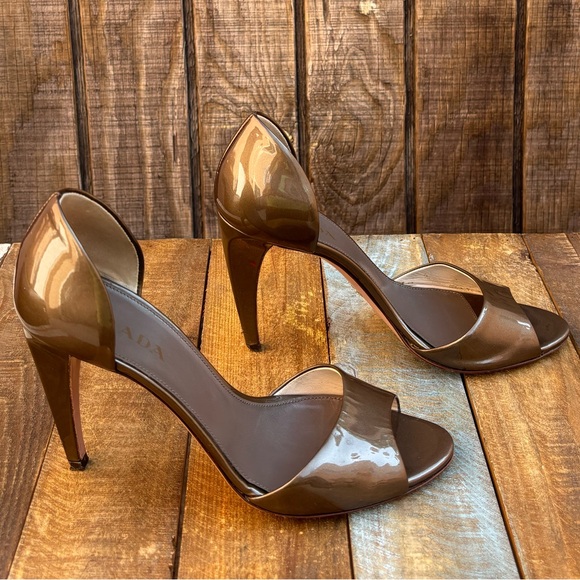 Prada Vero Cuoio Patent Brown Bronze Open Toe High Heels - Picture 1 of 16